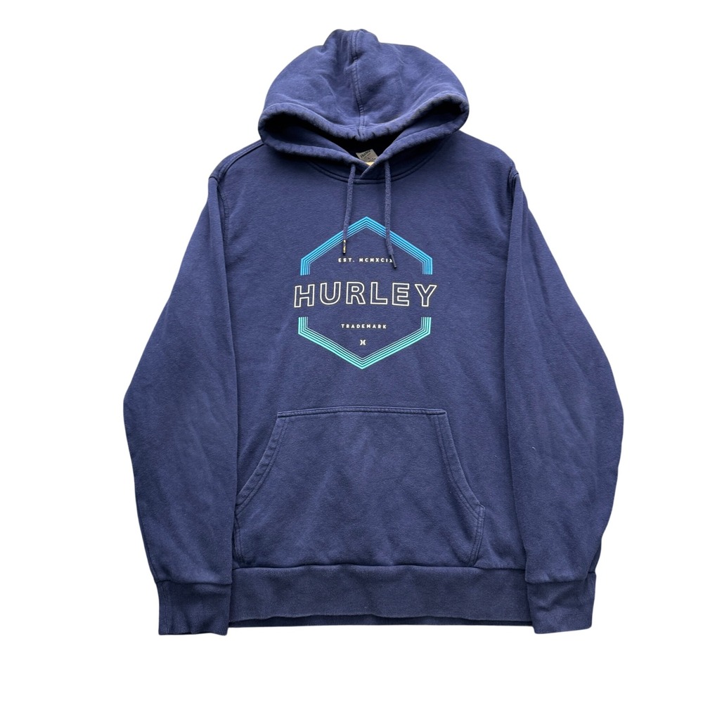 Hurley Graphic Logo Pullover Hoodie Mens Large Navy Blue Long Sleeve Fleece